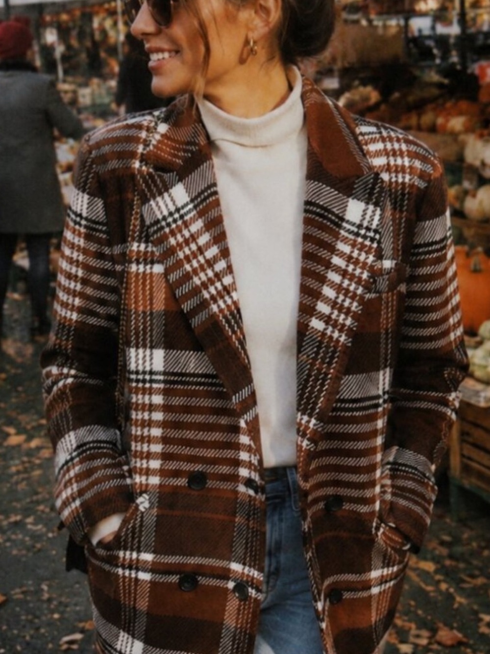 Levi's Double Breasted Wool Blend Blazer L Brown Plaid Heavy Knit Fall Autumn